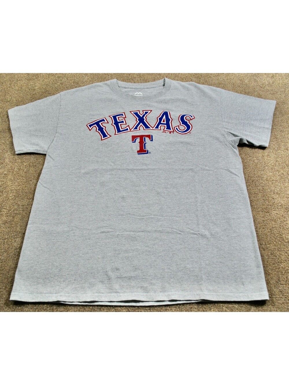 Texas Rangers Majestic MLB Baseball Classic Gray Blue Red Shirt Large